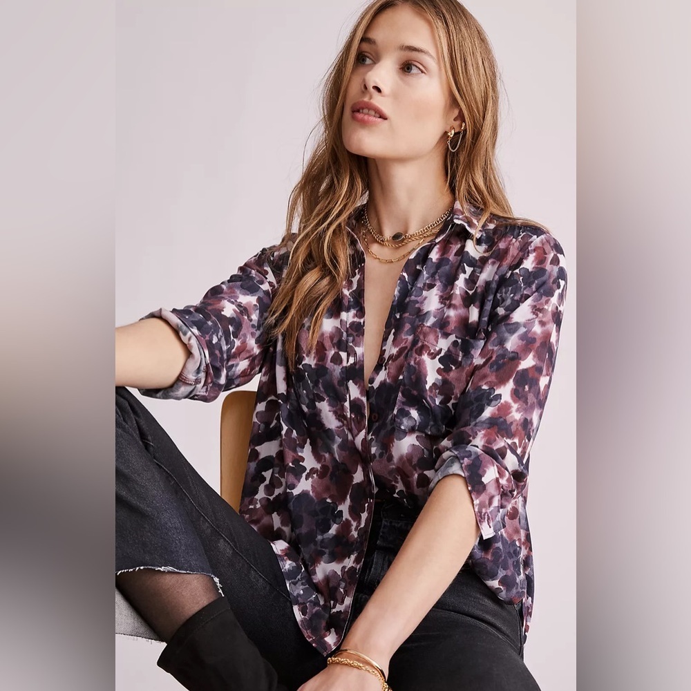 Anthropologie Cloth & Stone Women’s Burgundy& Black Watercolor Print Shirt